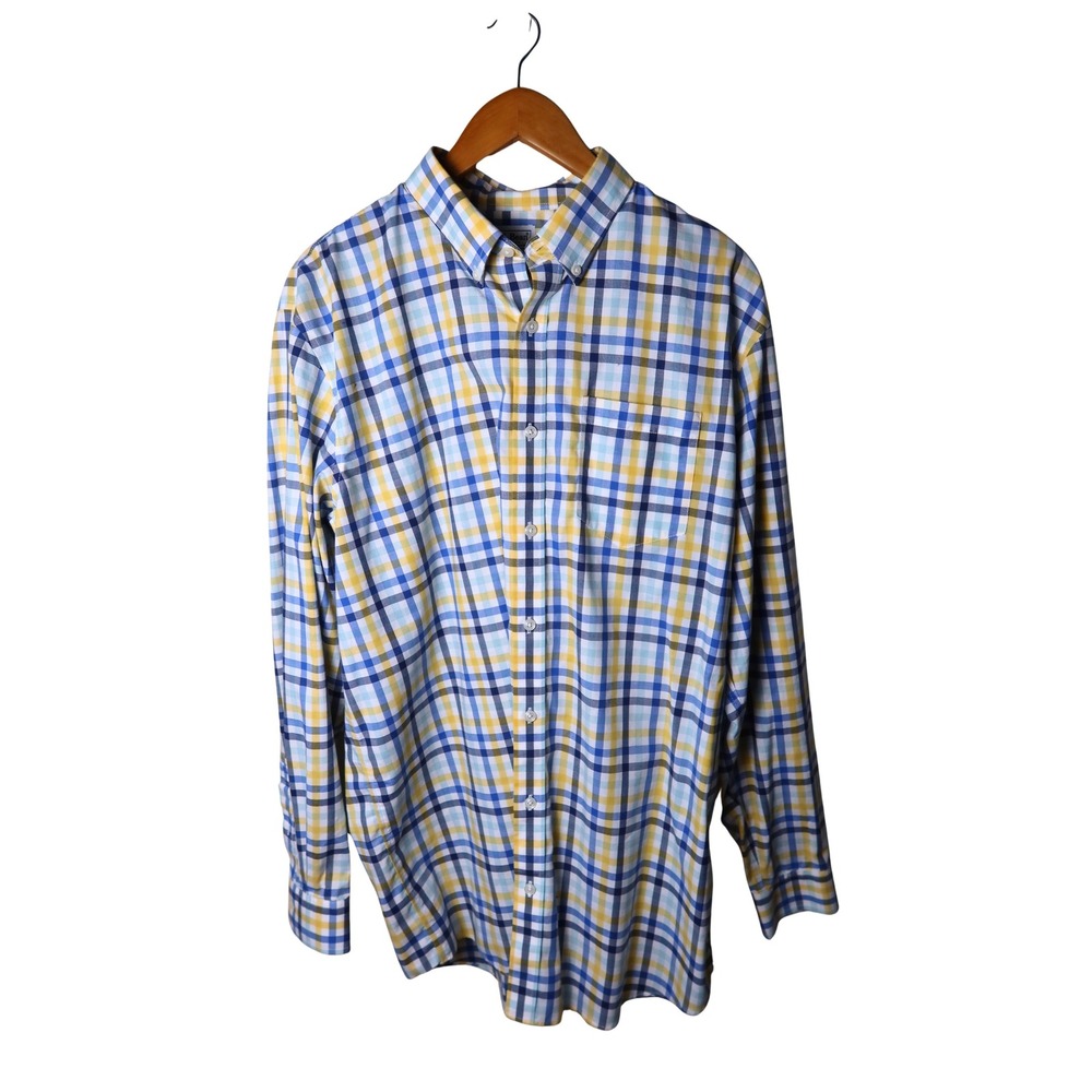 L.L.Bean Men's Large Tall Shirt Traditional Fit Blue Yellow Plaid 100% Cotton